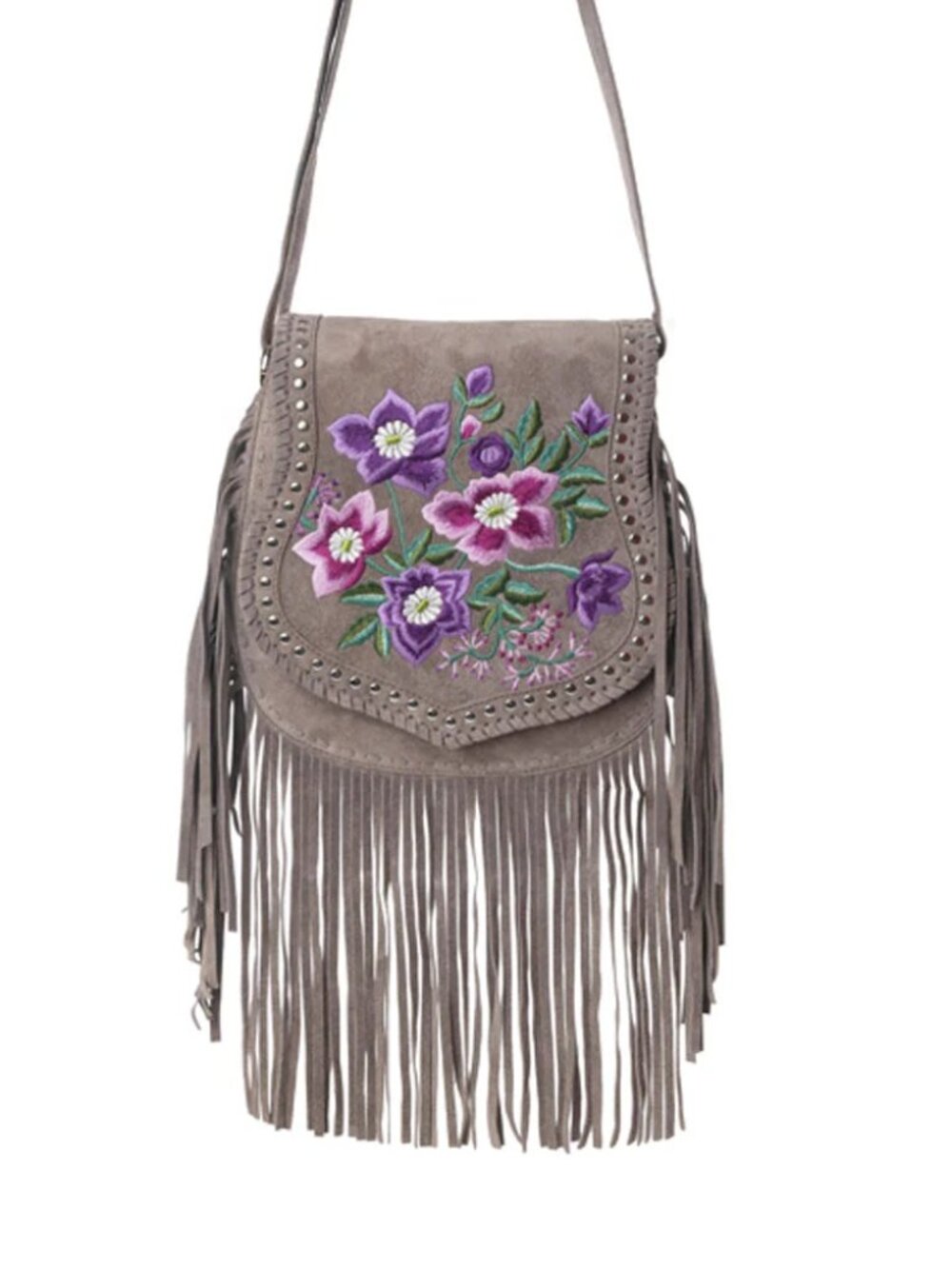 Myra Mojave Meadow Boho Fringe Crossbody Bag Floral Embroidered Western Suede
